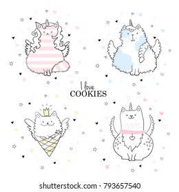 Unicorn cat vector set icon isolated with motivation text. Funny horse sticker, patch badge. Cute magic cartoon fantasy for print or postcard animal dream symbol. Vector illustration for kids nursery