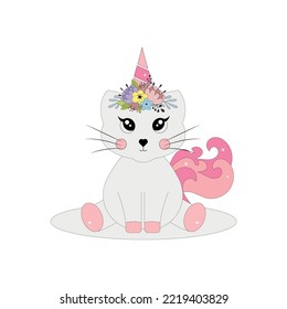 Unicorn cat with a wreath of flowers on his head.