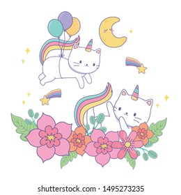 Unicorn cats cartoons vector design