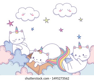 Unicorn cats cartoons vector design