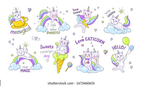 Unicorn cats. Cute doodle characters with kawaii faces and quotes, children hand drawn stickers of funny kittens on clouds and rainbows. Vector set illustration magic dream cat