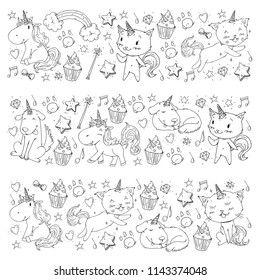 Unicorn. Cats, dog, horse, pony. Vector image. Coloring page for children book. Kindergarten background for banners, clothing, posters.