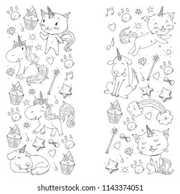 Unicorn. Cats, dog, horse, pony. Vector image. Coloring page for children book. Kindergarten background for banners, clothing, posters.