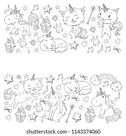 Unicorn. Cats, dog, horse, pony. Vector image. Coloring page for children book. Kindergarten background for banners, clothing, posters.