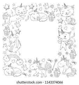 Unicorn. Cats, dog, horse, pony. Vector image. Coloring page for children book. Kindergarten background for banners, clothing, posters.