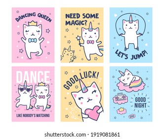 Unicorn cats greeting cards set. Cute baby caticorns with rainbow tails having fun vector illustrations with text. Magic kitty concept for flyers and posters design