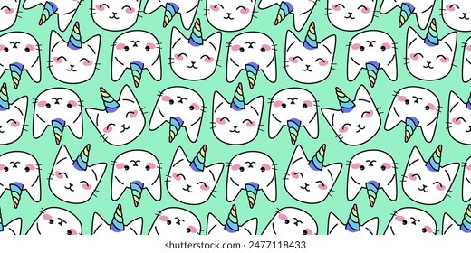 Unicorn cats seamless vector pattern. Cute animal heads with rainbow horns background. Magic kitty characters in cartoon style.
