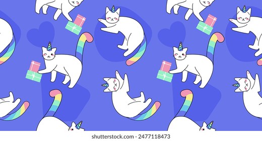 Unicorn cats seamless vector pattern. Cute winking kitty with rainbow horns, tails and present boxes. Magic kitty characters in cartoon style.