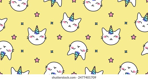 Unicorn cats seamless vector pattern. Cute animal heads with rainbow horns, stars and hearts in background. Magic kitty characters in cartoon style.