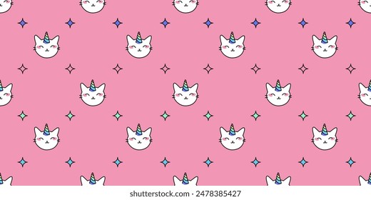 Unicorn cats seamless vector pattern. Cute animal heads with rainbow horns stars in background. Magic kitty characters in cartoon style.