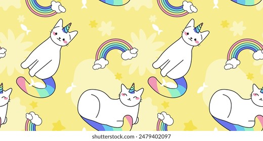 Unicorn cats seamless vector pattern. Cute animals with rainbow horns, tails and big present boxes. Magic kitty characters in cartoon style.