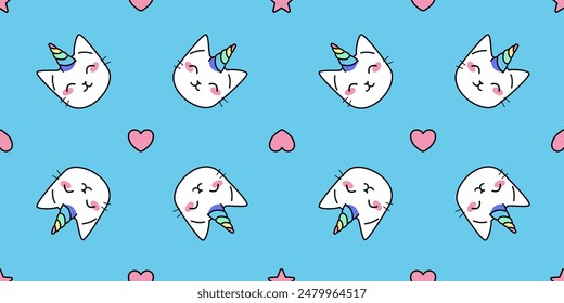 Unicorn cats seamless vector pattern. Cute animal heads with rainbow horns, hearts and stars in background. Magic kitty characters in cartoon style.