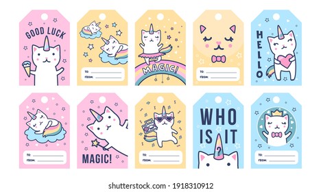 Unicorn cats tags set. Cute baby caticorns with rainbow tails having fun vector illustrations with text. Magic kitty concept for flyers or labels design