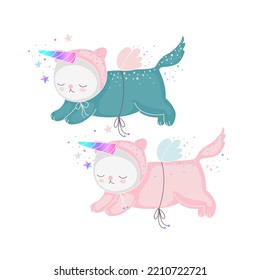 Unicorn cats with a wings, horn, and confetti. Cute flying animal character for design of a postcards, stickers, or t-shirts