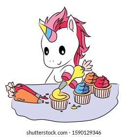 Unicorn celebrates. Unicorn makes cupcakes
