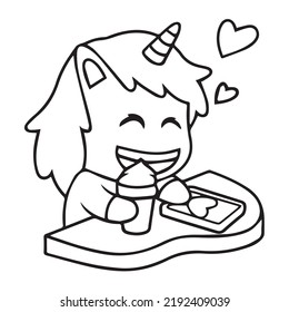 Unicorn celebrates. Unicorn makes cupcakes - coloring page