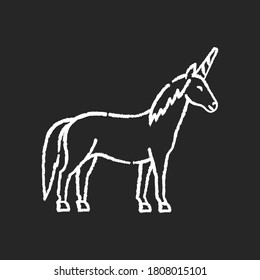 Unicorn chalk white icon on black background. Mythical creature, fairy tale animal mascot. Childish fantasy animal, kids fable. Magical horse with horn isolated vector chalkboard illustration