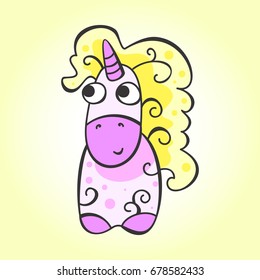 Unicorn character in doodle style vector illustration. It can be used as horse sticker, patch or badge. Cute magic symbol