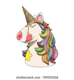 Unicorn character head portrait with rainbow hair and ice cream cone horn