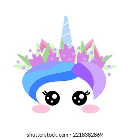 Unicorn character with purple and blue hair cartoon illustration. Cute magic animal head with blue horn and colorful hair or birthday decoration for cake on white background. Fantasy, dream concept