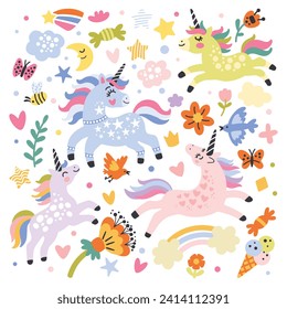 Unicorn character set. Cute magic collection with unicorn, rainbow, heart ,flowers, birds on white background. Cartoon flat style vector illustration for print, decorations, kids clothes, stickers.