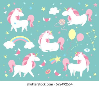 Unicorn character set. Cute magic collection with unicorn, rainbow, heart ,fairy wings and balloon. Cartoon flat style vector illustration