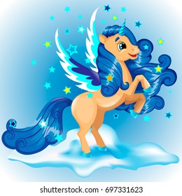 Unicorn Character Stand on Their Hind Legs with Wings, Blue and Beige Color, Hand Drawn Vector Illustration EPS 10