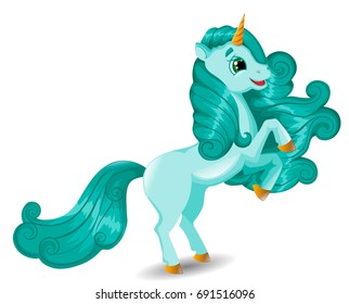 Unicorn Character Standing on Their Hind Legs on a White Background, Azure Color, Hand Drawn Vector Illustration EPS 10