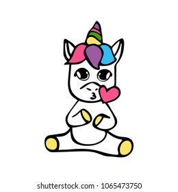 Unicorn characters wiht heart. Vector hand drawn colorfull illustration unicorn kid. Cute magical horse. Vector design isolated on white background. Print for t-shirt or sticker. 