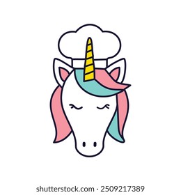 Unicorn chef with closed eyes. A whimsical unicorn with a chef's hat and closed eyes, hinting at sweet dreams and culinary creativity.