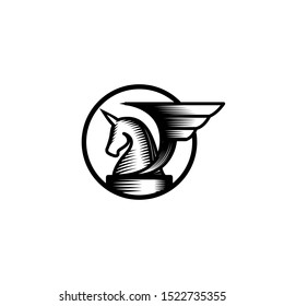Unicorn Chess Winged Logo Vector Icon Illustration