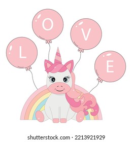 A unicorn child on a rainbow background with balloons. 