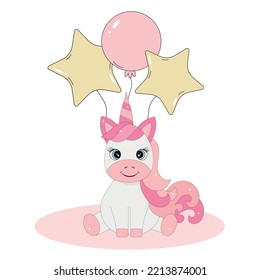 A unicorn child is sitting on a background of balloons.