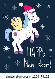 Unicorn Christmas and New Year card with snowflakes. Vector illustration, cartoon style.