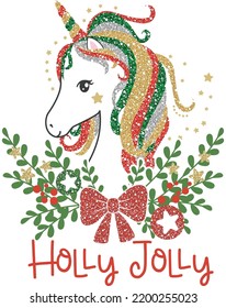 Unicorn with christmas ornaments and glitter