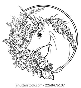 Unicorn in a circle with flowers and moon coloring book. Line art. Vector illustration