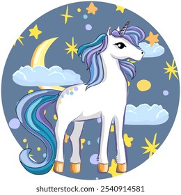 Unicorn in a circle frame with night sky, moon, clouds, and stars, free hand draw. Vector, isolated.