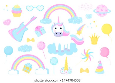 Unicorn and clipart set, rainbow, crown, cloud, comet, gift, guitar, balloon