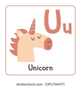 Unicorn clipart. Unicorn vector illustration cartoon flat style. Animals start with letter U. Animal alphabet card. Learning letter U card. Kids education. Cute unicorn vector design