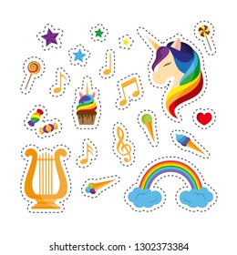 Unicorn with closed eyes, harp, musical notes, sweets and other fashion patch badges. Set of patches, pins, stickers in flat design style. Vector illustration isolated on white background.