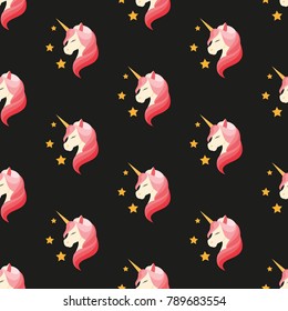 Unicorn with closed eyes. Pink mane. Vector illustration on black background. Seamless pattern. Flat design style. Swatch inside