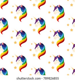 Unicorn with closed eyes. Rainbow mane. Seamless vector illustration.