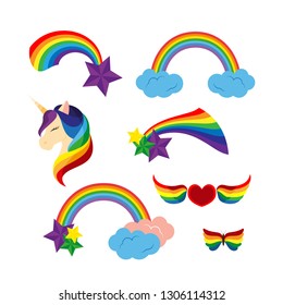 Unicorn with closed eyes rainbows, stars. Heart with rainbow colored wings. Butterfly. Flat design style. Vector illustration isolated on white background.