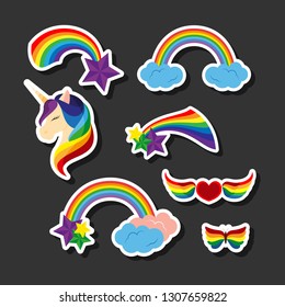 Unicorn with closed eyes, rainbows, stars. Heart with rainbow colored wings. Butterfly. Set of stickers in flat design style. Vector illustration isolated on black background.
