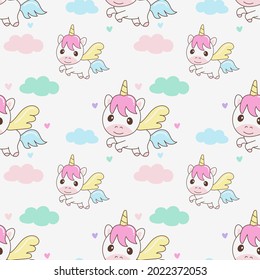 Unicorn, cloud and heart seamless pattern hand drawing isolated on white background. Repetitive wallpaper on white background. Perfect for fabric, wallpaper, wrapping paper.