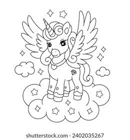 Unicorn with cloud and star coloring page illustration