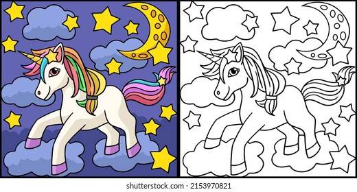 Unicorn With Cloud Star Moon Colored Illustration