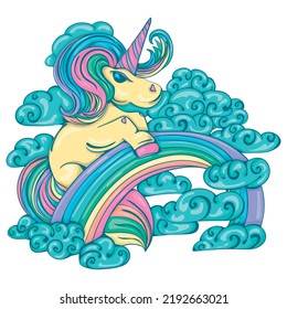 Unicorn in the clouds on the rainbow. Fun mood. Fairy tale illustration.