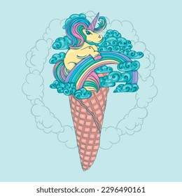 Unicorn in the clouds on the rainbow in the waffle cone. Fun mood. Fairy tale illustration.