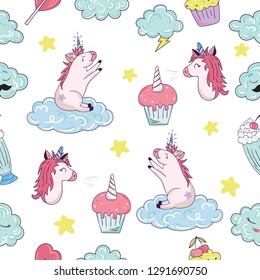 Unicorn Clouds Rainbows and Stars Cute Seamless Pattern, Cartoon Vector Illustration, Perfect for Kid Print and Textile	
